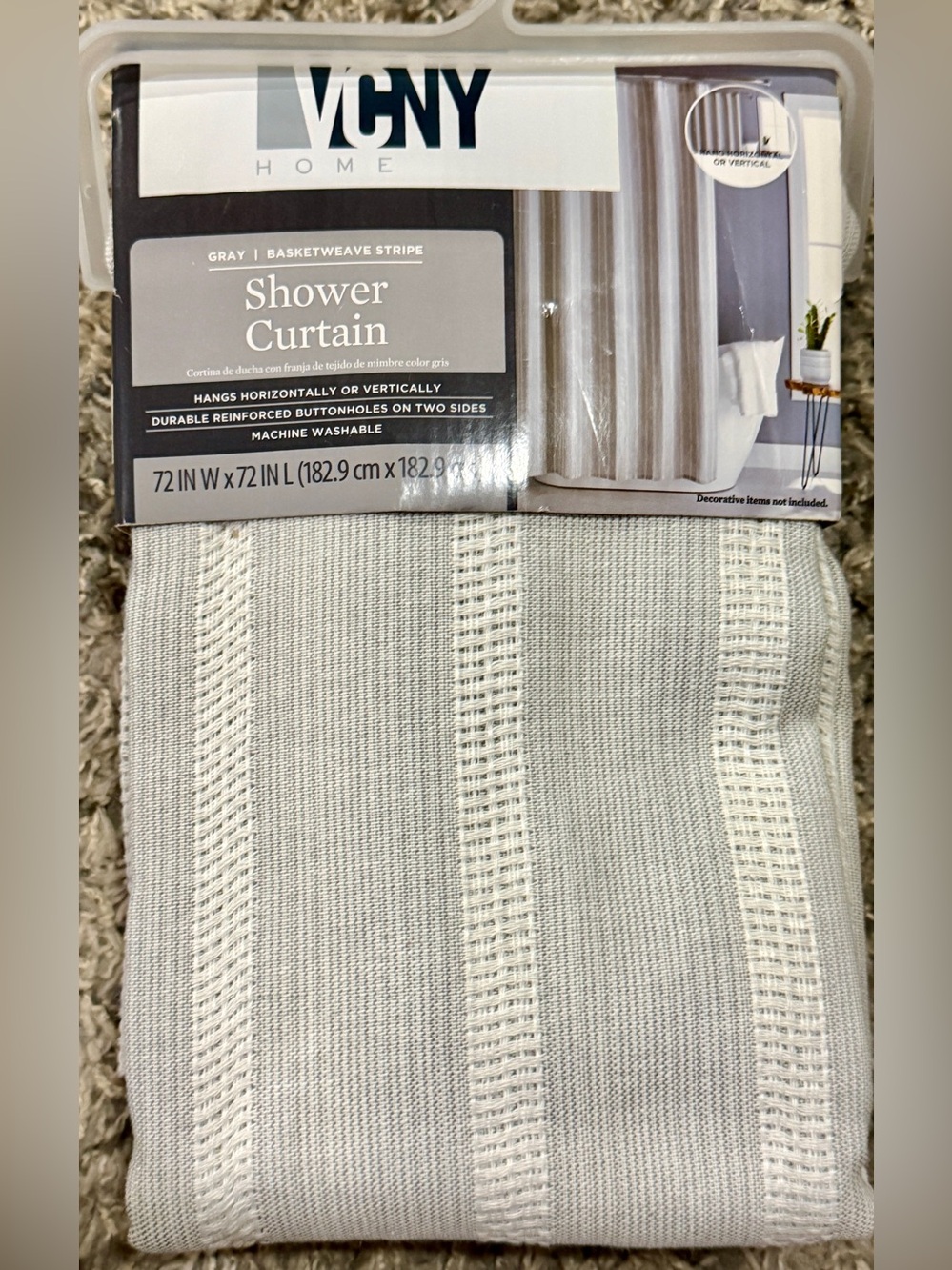 VCNY Hone Gray Basketweave Stripe Premium Shower Curtain 72x72
